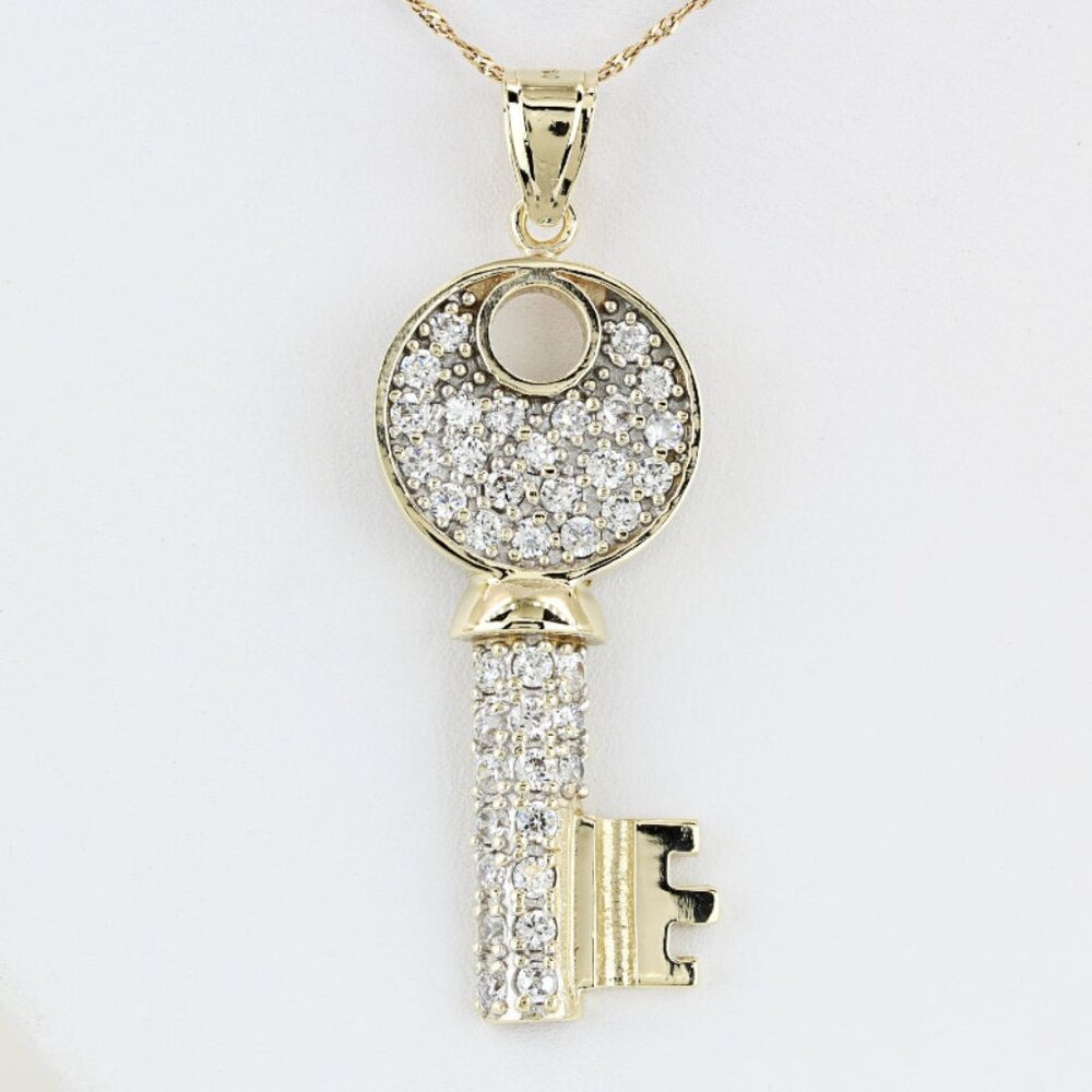 10k Yellow Gold Cubic Zirconia CZ Encrusted Key Pendant Charm